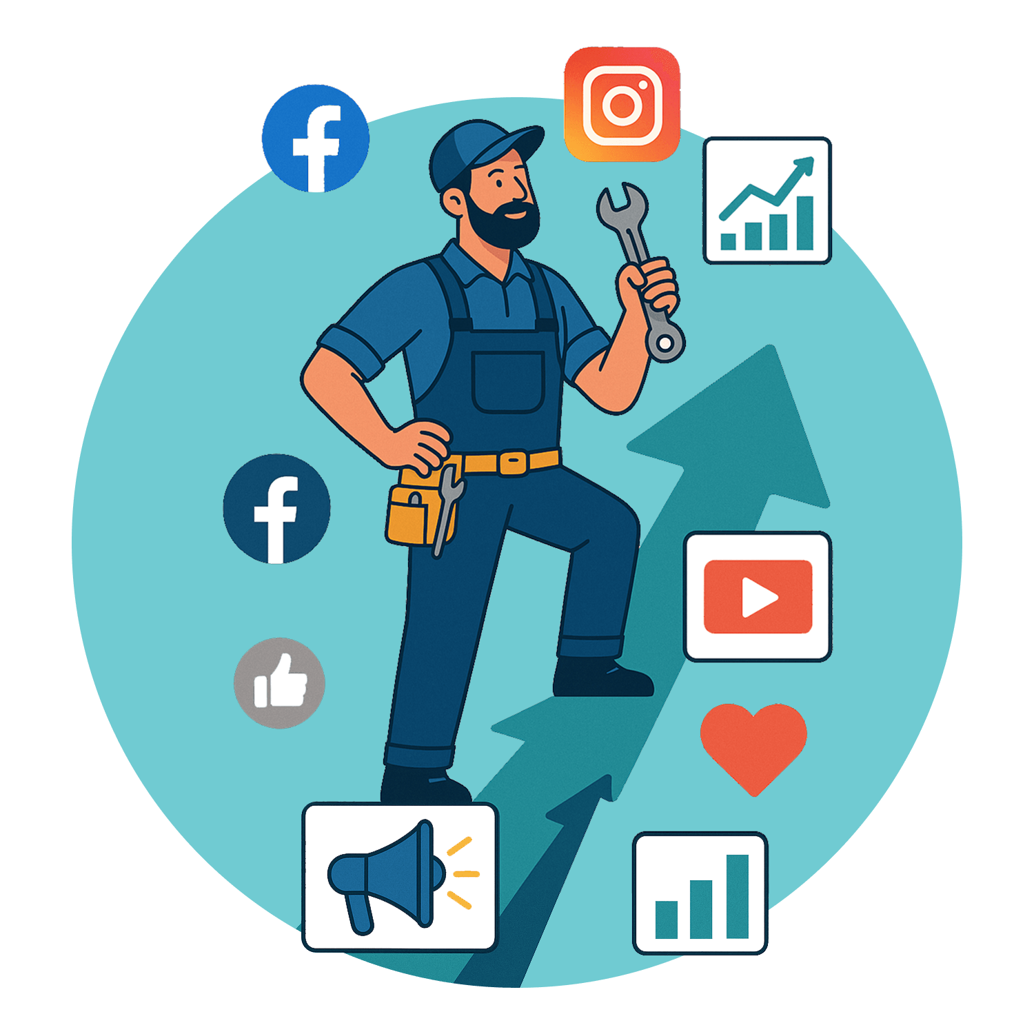 HVAC technician holding a wrench surrounded by social media icons and growth charts, symbolizing strategy.