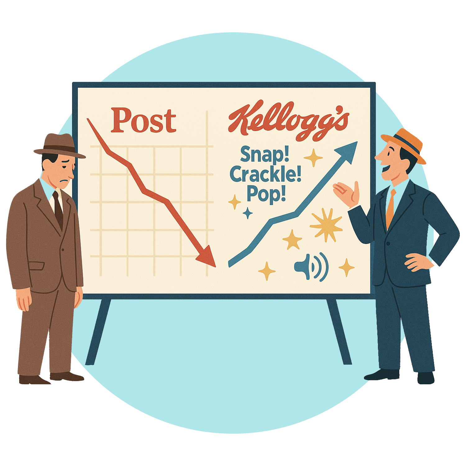 Two businessmen discussing a chart comparing Post and Kellogg's cereal sales trends.