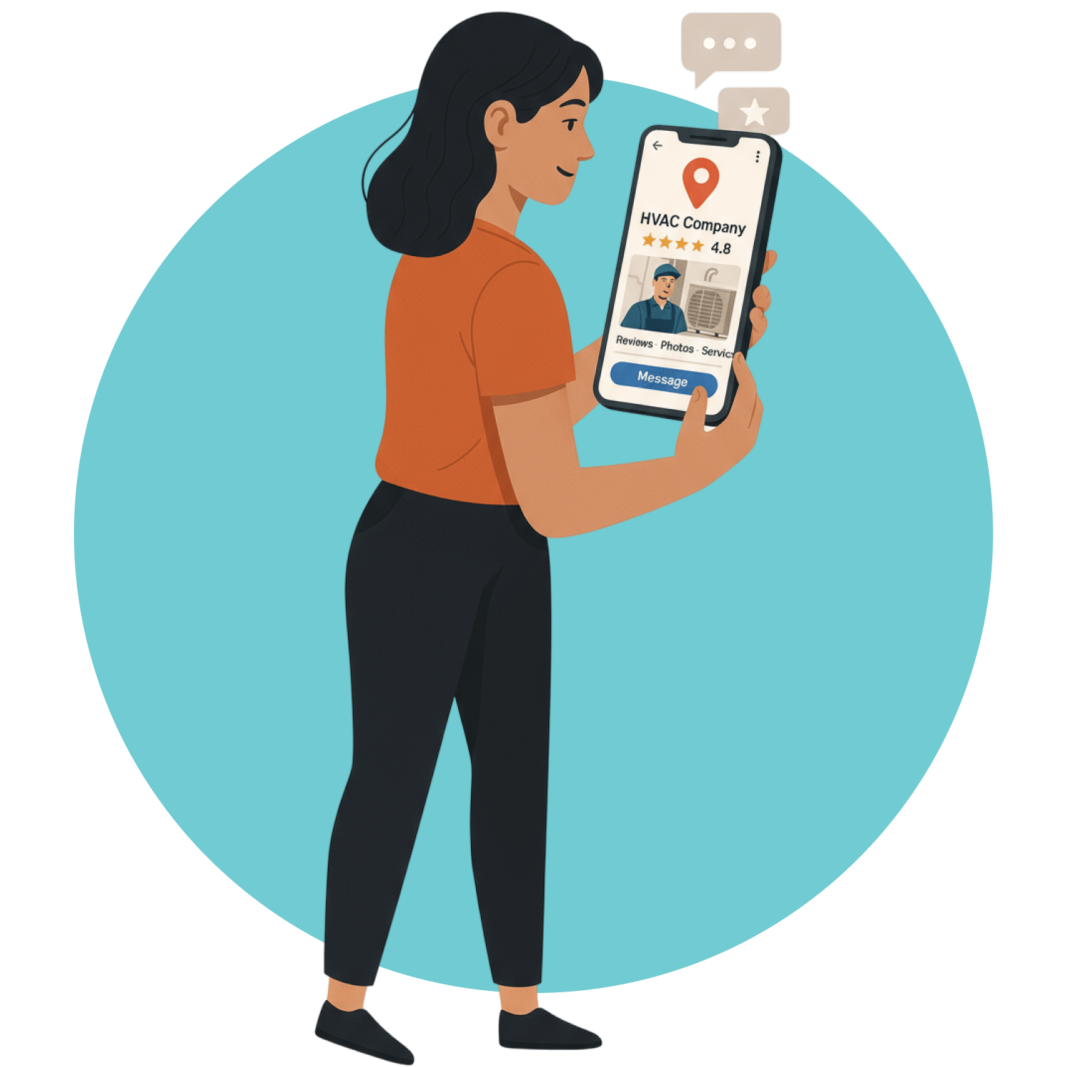 Woman using a smartphone with a location app, displaying a map and profile picture.