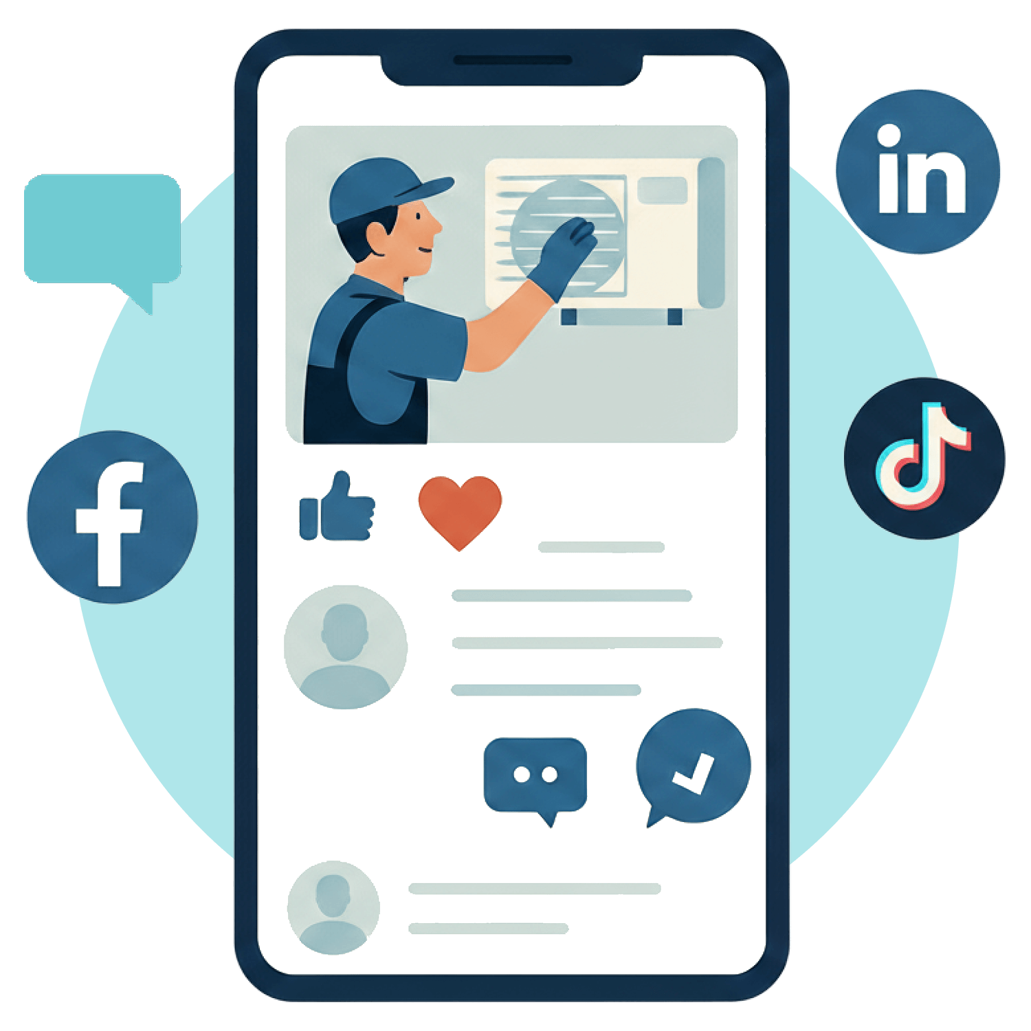 Social media icons surround a smartphone displaying a worker's online profile and engagement metrics.