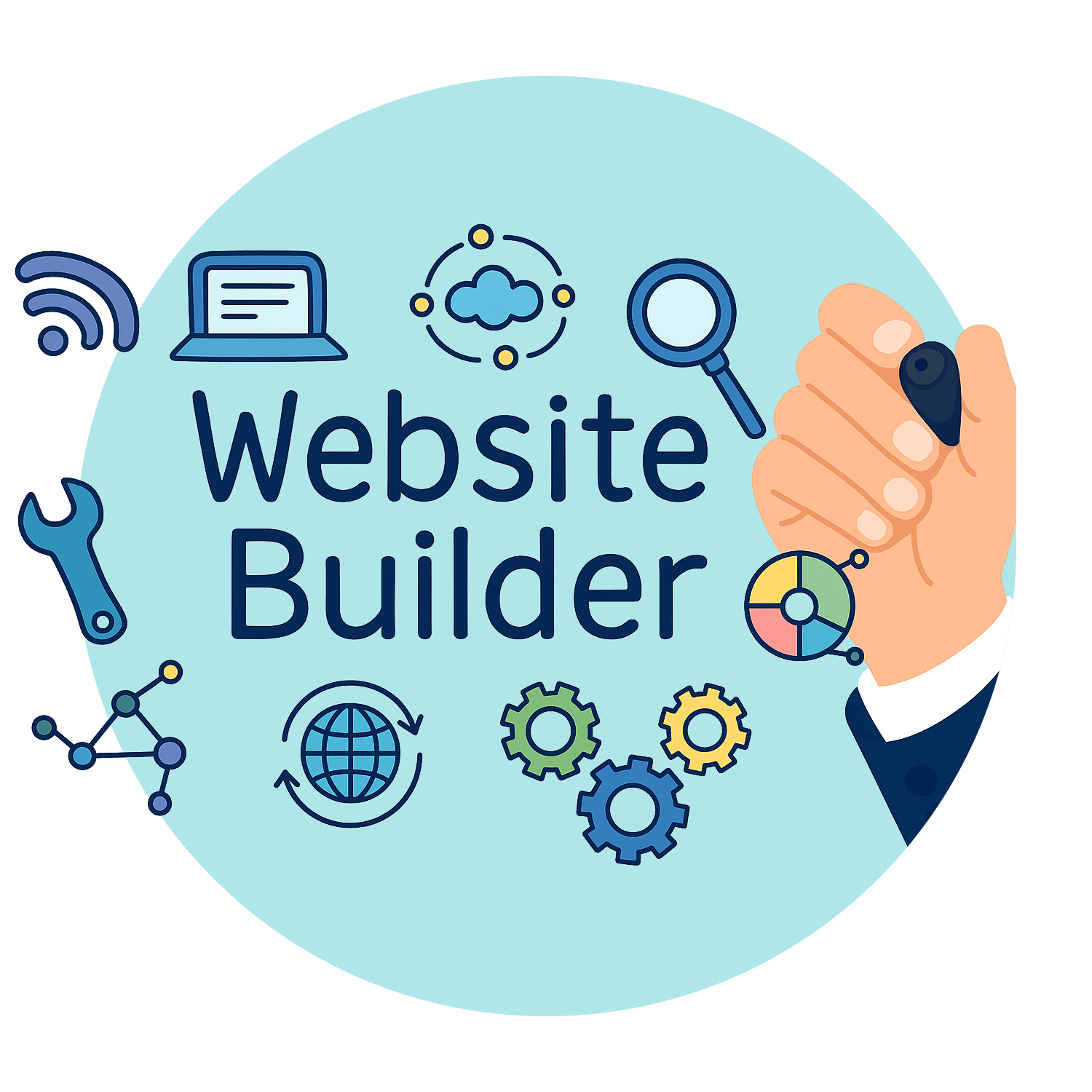 Hand writing "Website Builder" surrounded by web icons.