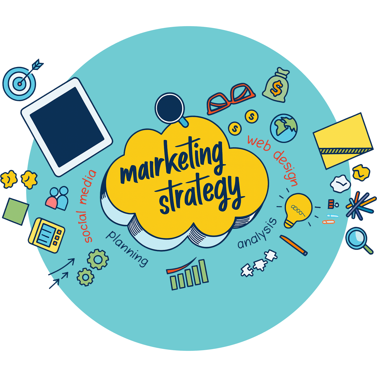 Marketing strategy concept illustration with digital icons like social media, SEO, and web design on blue background.
