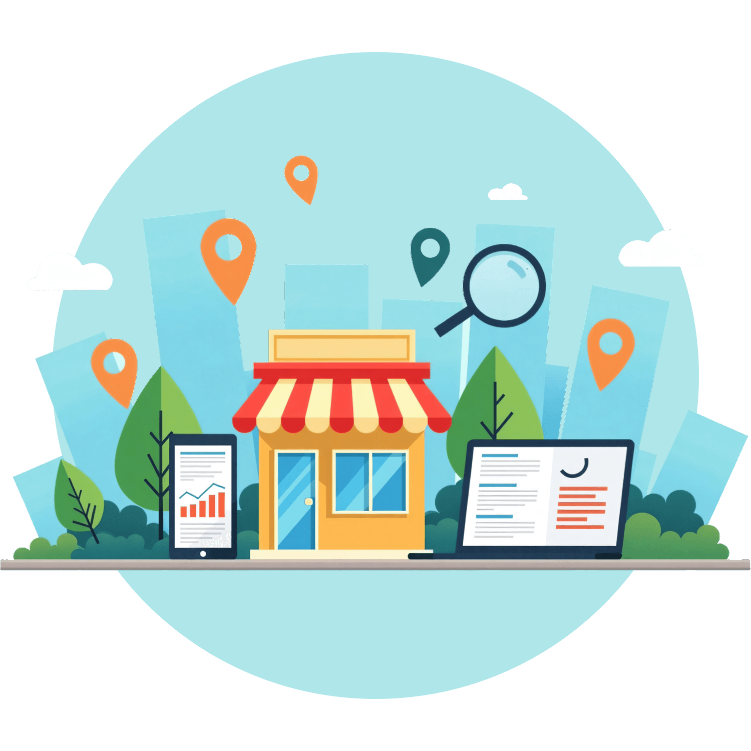 SEO, PPC, and web design concepts illustrated with devices and location icons.
