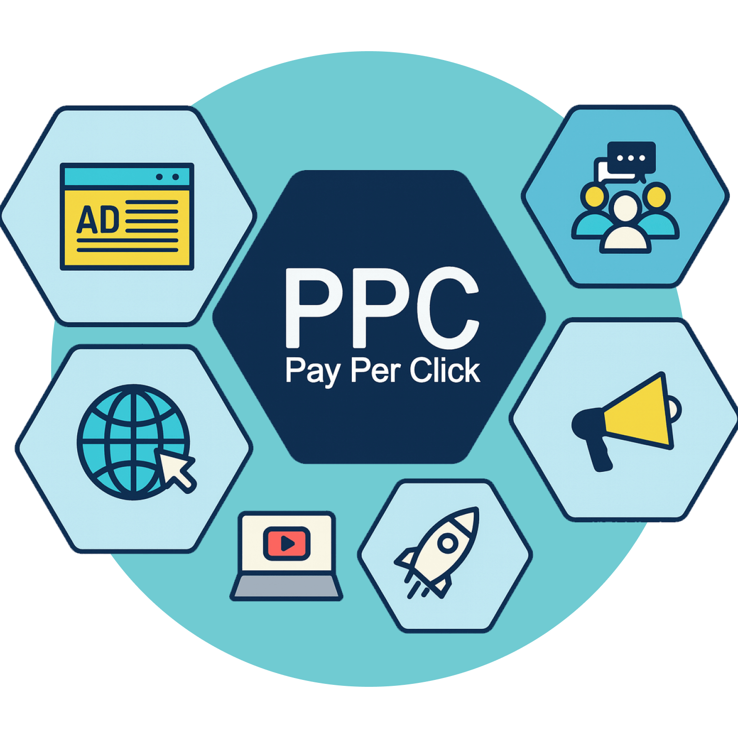 PPC infographic illustrating pay-per-click advertising concepts with icons like ads, audience, and digital tools.