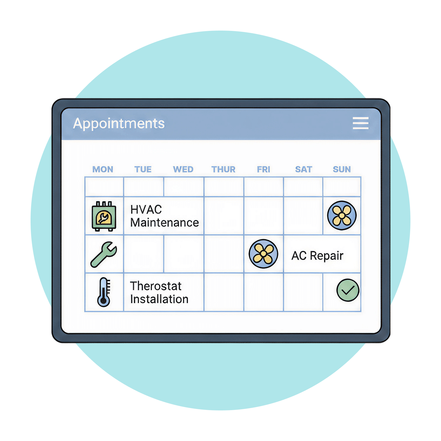 HVAC maintenance schedule on a digital calendar, showing appointments for AC repair and thermostat installation.