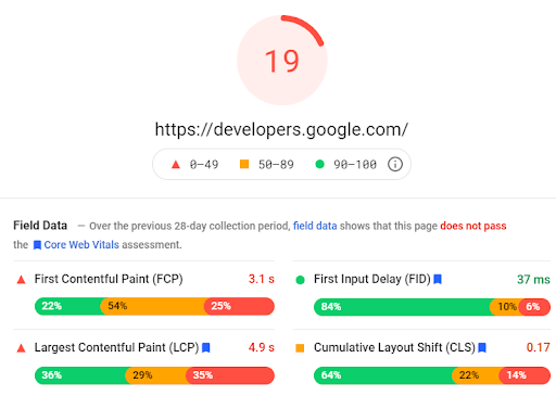 PageSpeed Insights results showing a score of 19/100.