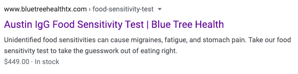 Google search results showing product and service rich snippet.