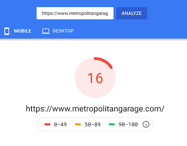 PageSpeed Insights showing a performance score of 16.