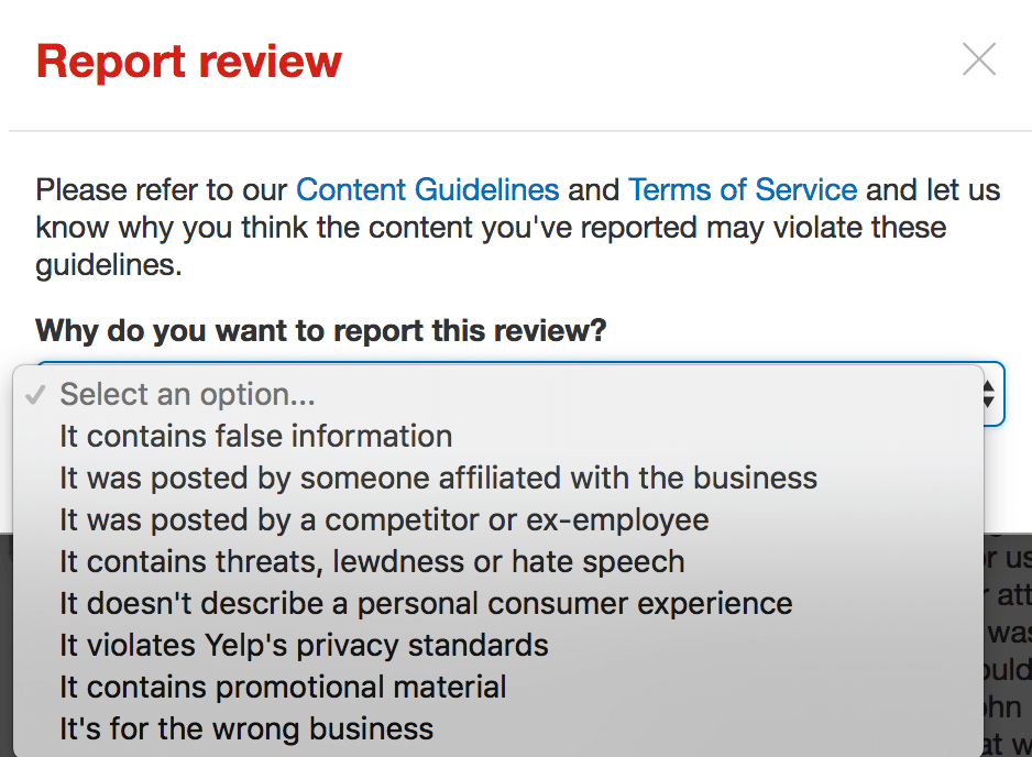 Screenshot showing Yelp’s review filter menu.