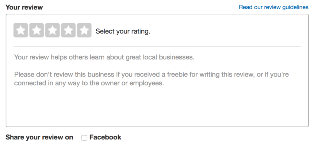The display box for writing a review on Yelp.