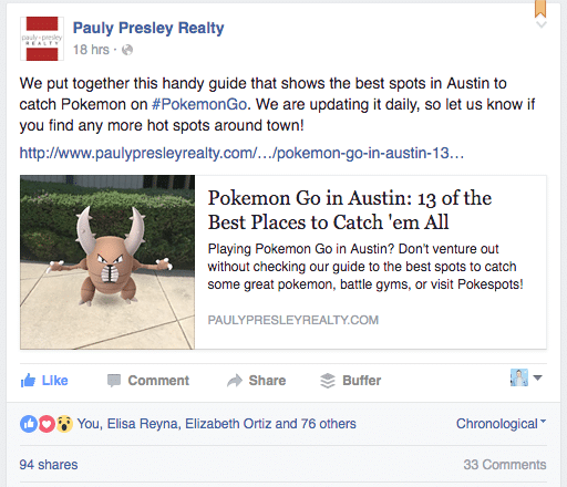 Facebook post advertising a business using a Pokémon GO promotion.