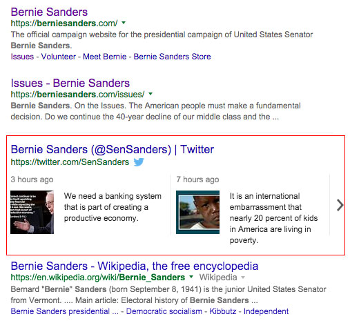Google search result showing tweet snippet for Bernie Sanders.