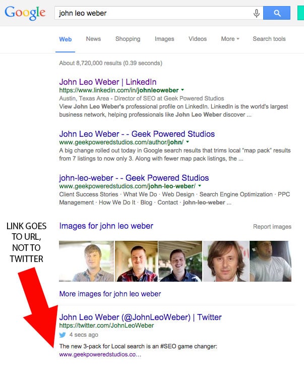 Highlighted Google result showing integrated tweet snippet.