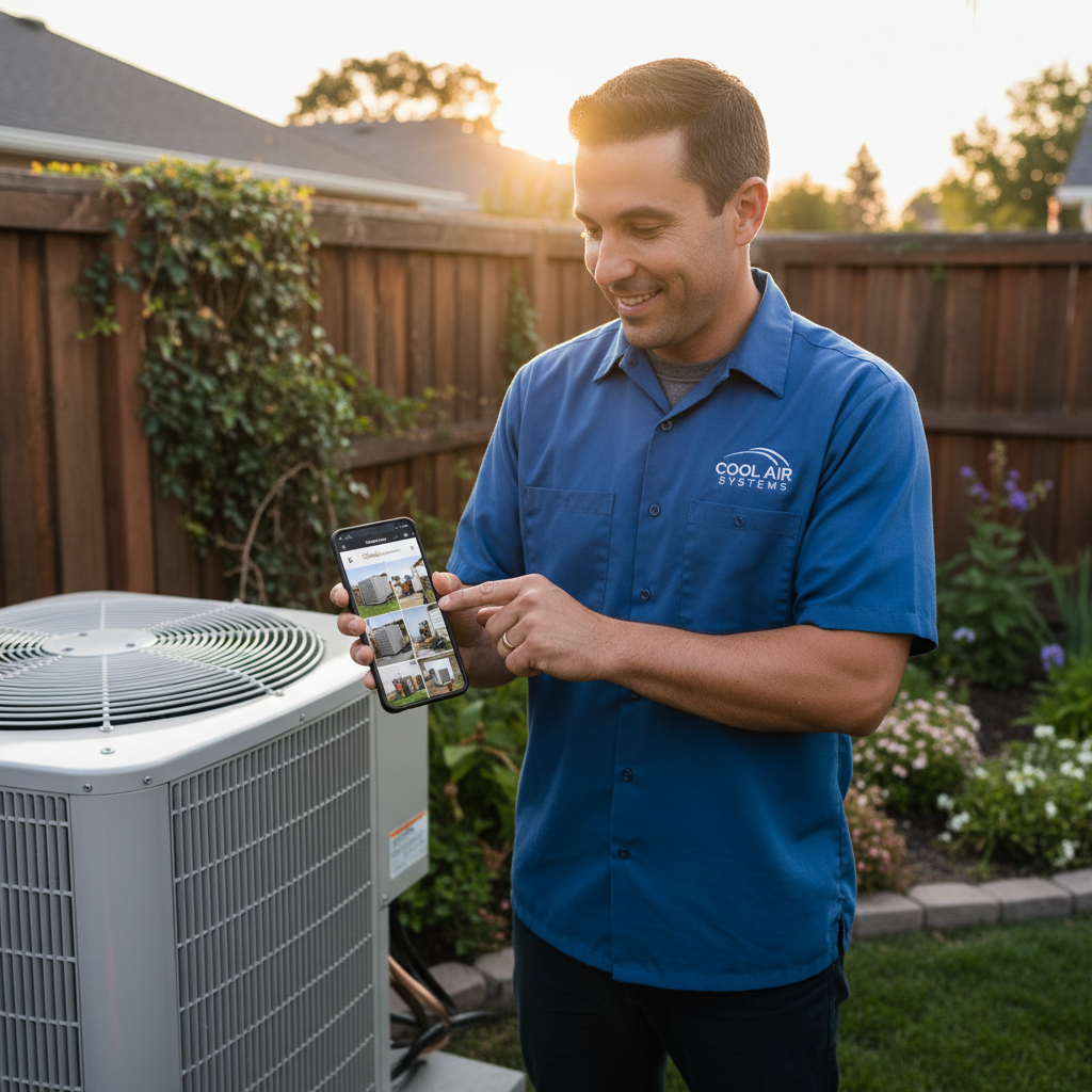 HVAC technician uploads job site photos to a smartphone next to a new AC unit in a suburban backyard at sunset.