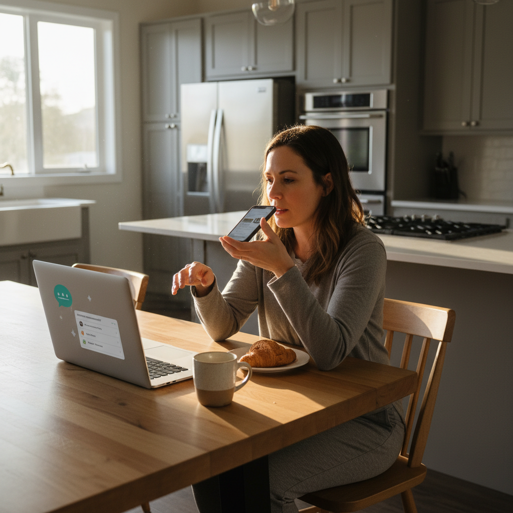 Woman uses smartphone voice assistant at a sunlit kitchen table with laptop open, modern appliances visible in background.