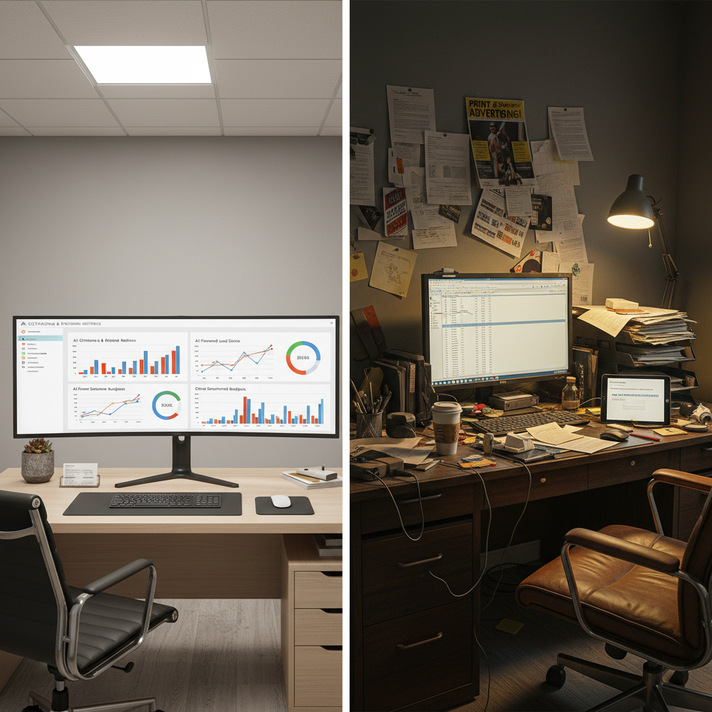 A split-screen showing an organized modern office desk with analytics on the left and a cluttered, dated desk on the right.