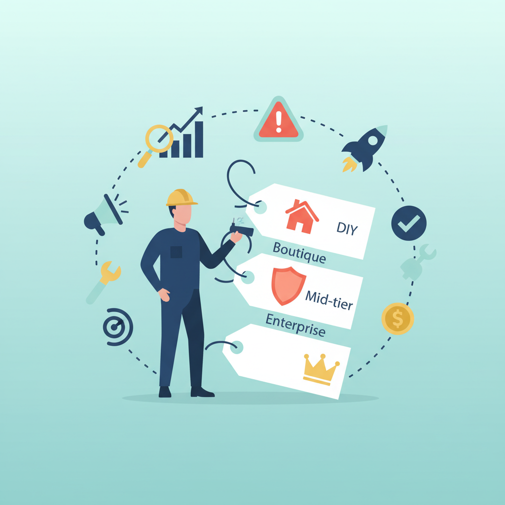 A plumber stands next to price tags for DIY, Boutique, Mid-tier, and Enterprise, with orbiting icons like a wrench, chart, and rocket.