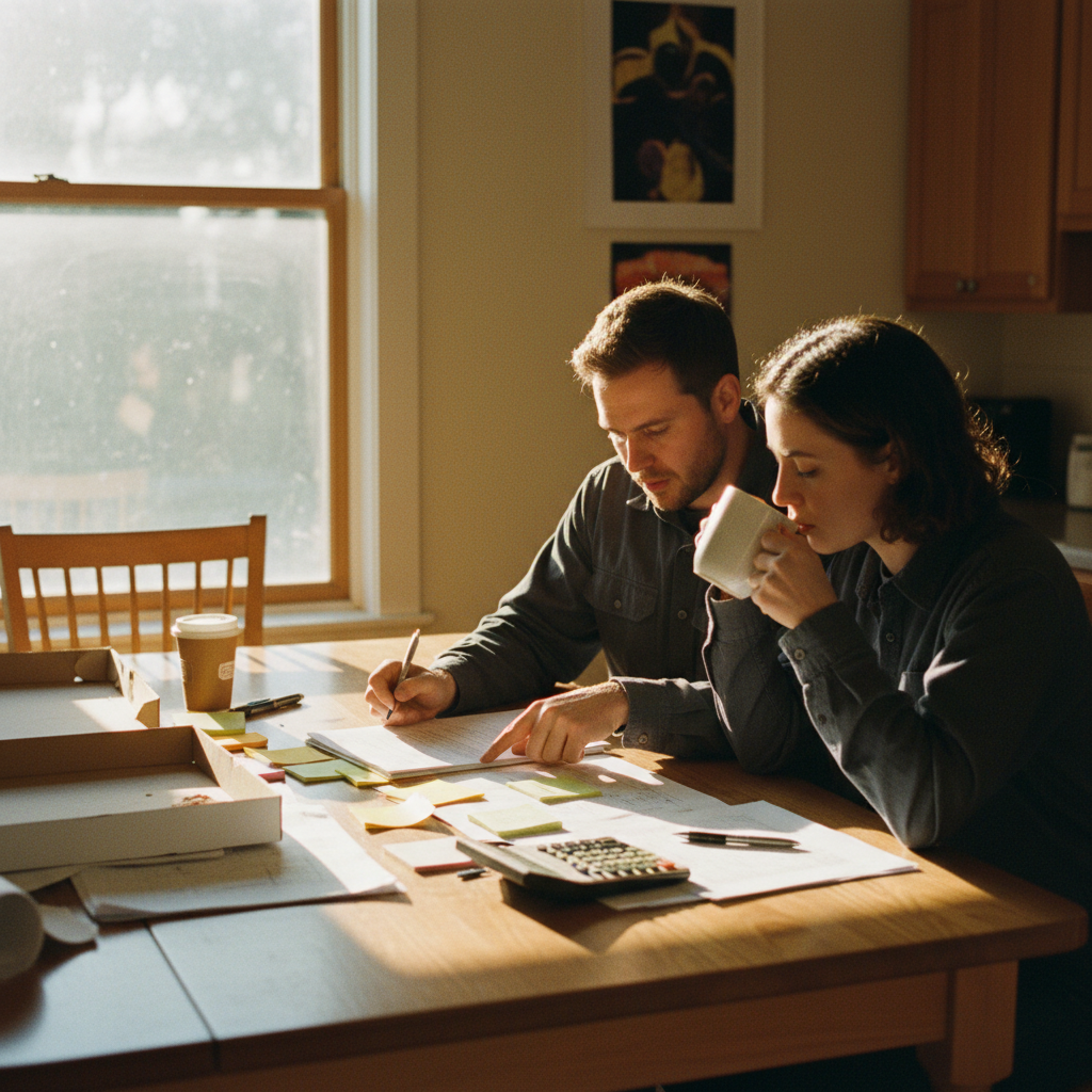 Two plumbing-shop teammates review an agency proposal at a kitchen table bathed in warm afternoon light.