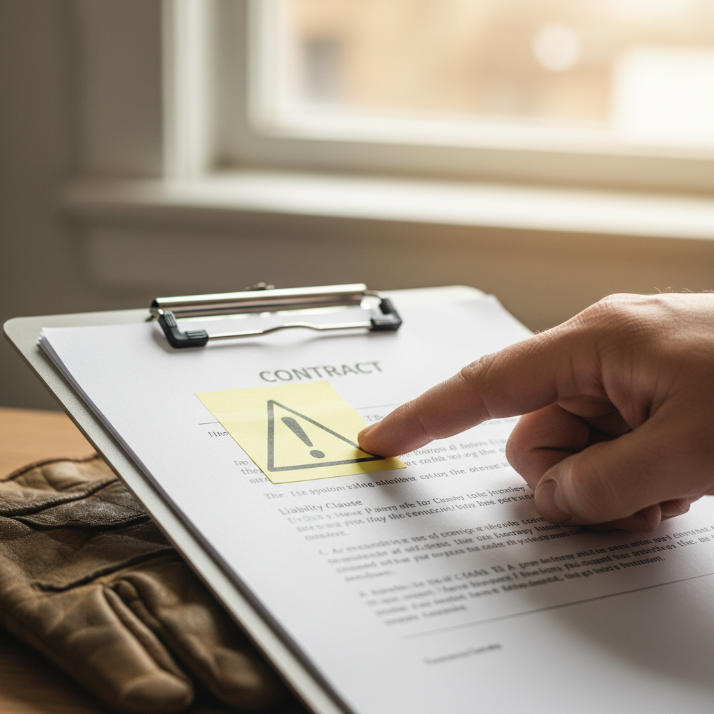 A plumber's hand points to a contract on a clipboard, highlighting a clause with an alert-triangle sticky note.