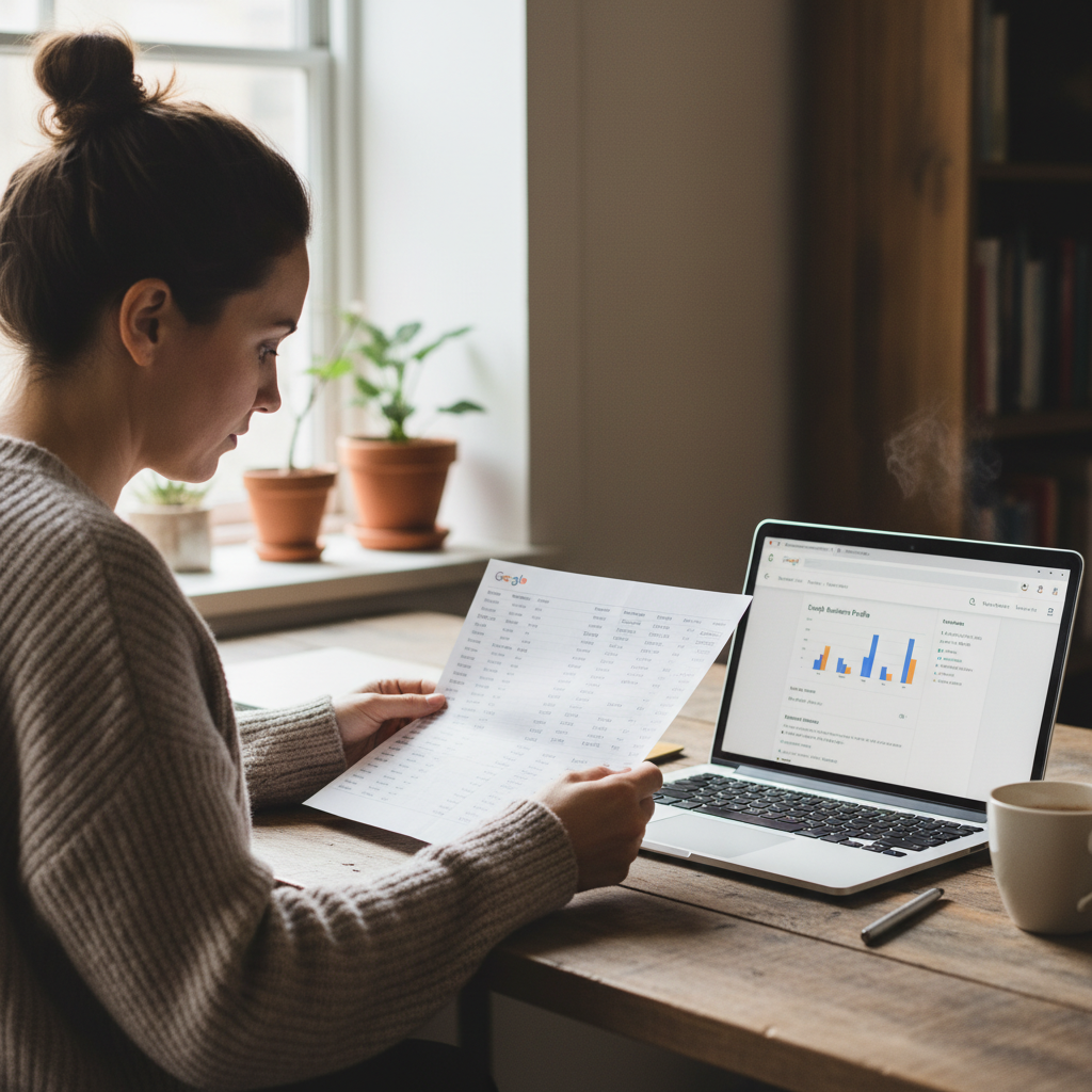 Small business owner at a wooden desk reviewing a pricing sheet with a laptop showing a Google Business Profile dashboard.