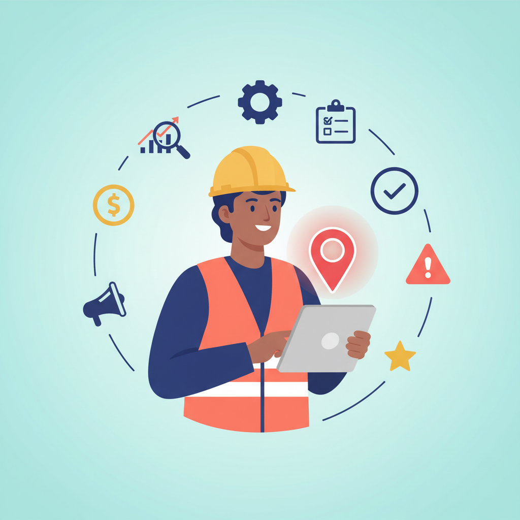 A plumber with a tablet, surrounded by icons of a magnifying glass, gear, checklist, dollar sign, alert triangle, megaphone, and star
