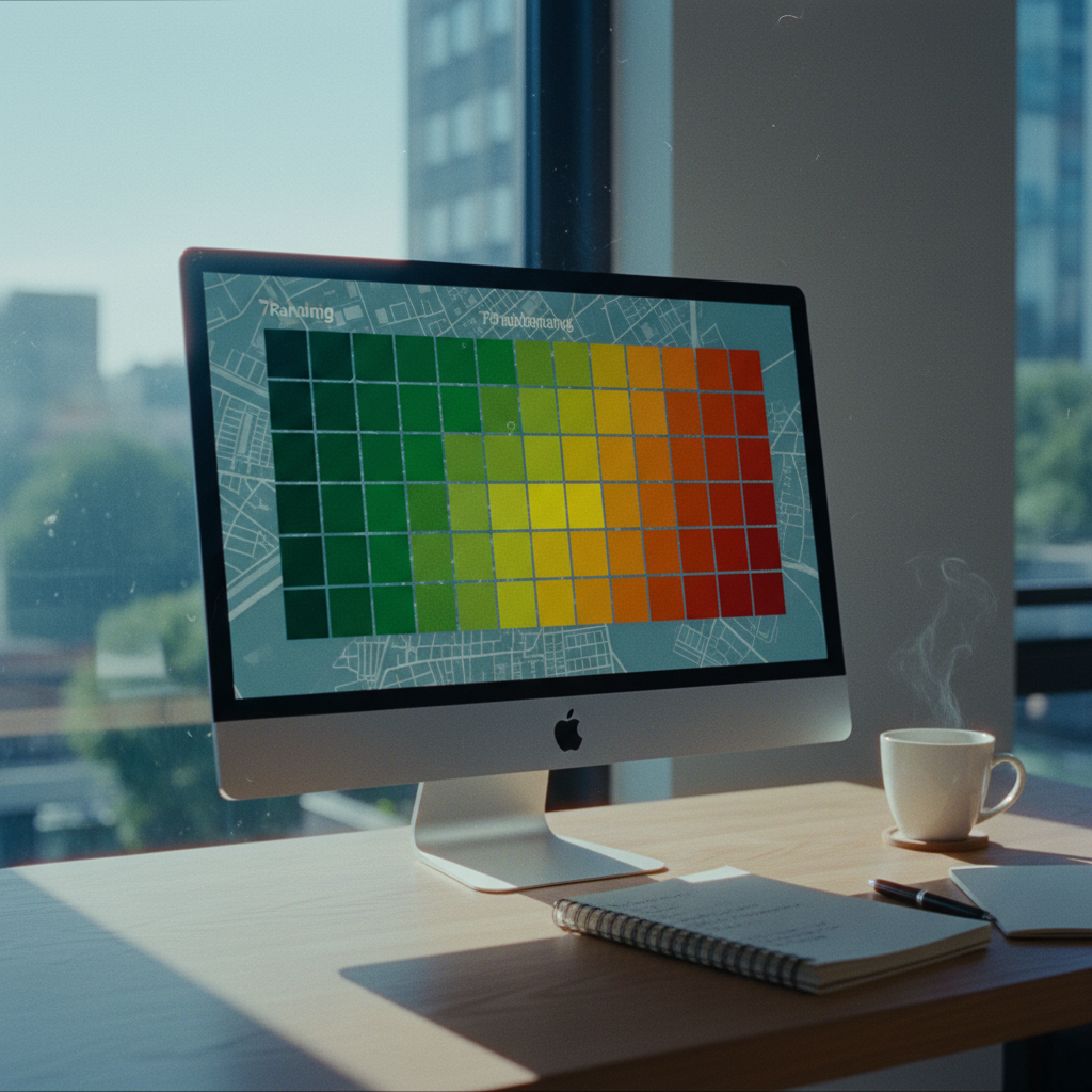 A desktop monitor displays a 7x7 green-to-red ranking grid over a city map, with coffee and a notebook nearby.