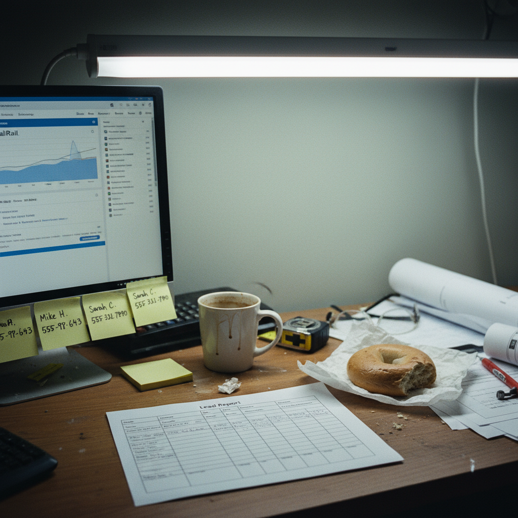 A contractor's cluttered office desk with a lead report, CallRail open on a monitor, sticky notes, and a coffee mug.