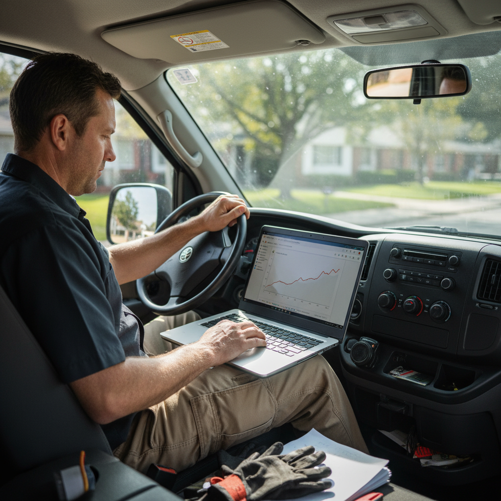 HVAC technician in service van reviewing Google Analytics on laptop with upward traffic curve, midday light.