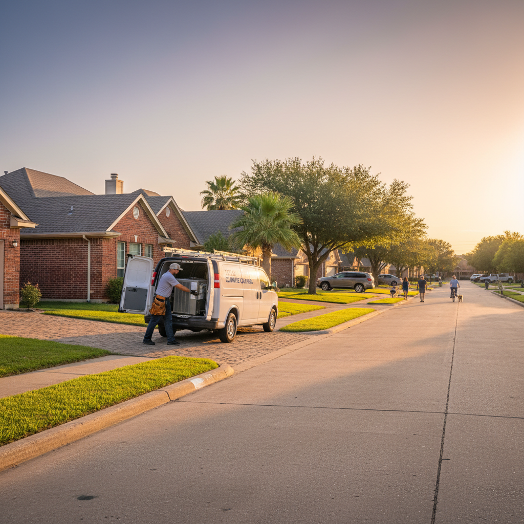 Wide-angle, golden hour shot of a Texas suburb street with an HVAC technician unloading equipment from a white van.