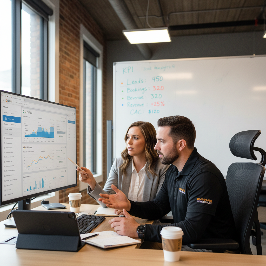 A marketing manager and contractor review analytics on a monitor in a bright, professional office with KPI whiteboard.