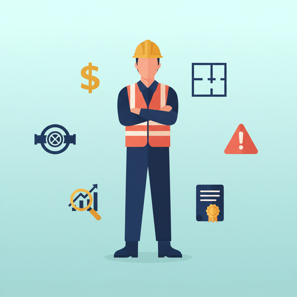 A flat vector illustration of a confident plumber with crossed arms, surrounded by plumbing and business-related icons.