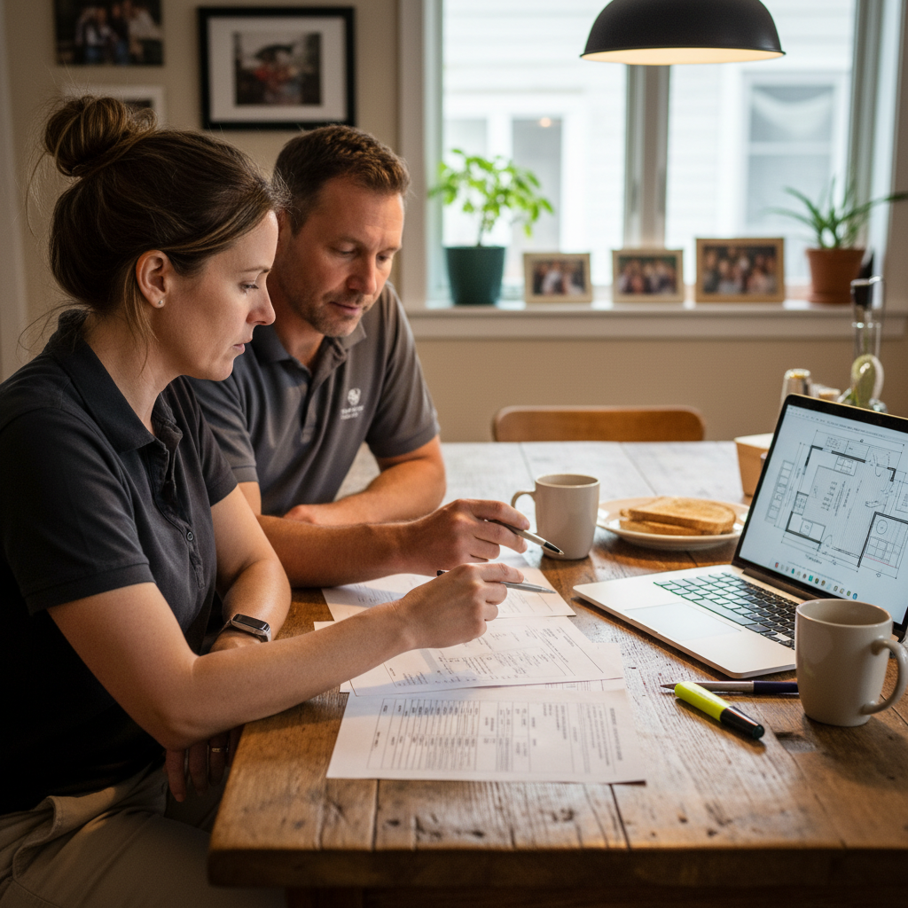 A homeowner and a plumber review a multi-page bid at a kitchen table, a laptop displays a floor plan.