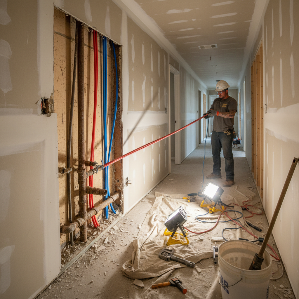 A worker installs new PEX pipe next to old galvanized steel pipes in a home renovation project.