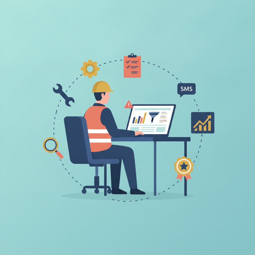 A vector illustration of an HVAC contractor at a desk, viewing a lead pipeline on a laptop, with orbiting service icons.
