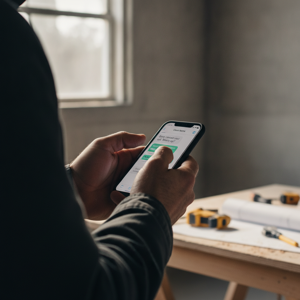 Close-up of a contractor's hands texting on a smartphone in a concrete garage workshop with natural light.