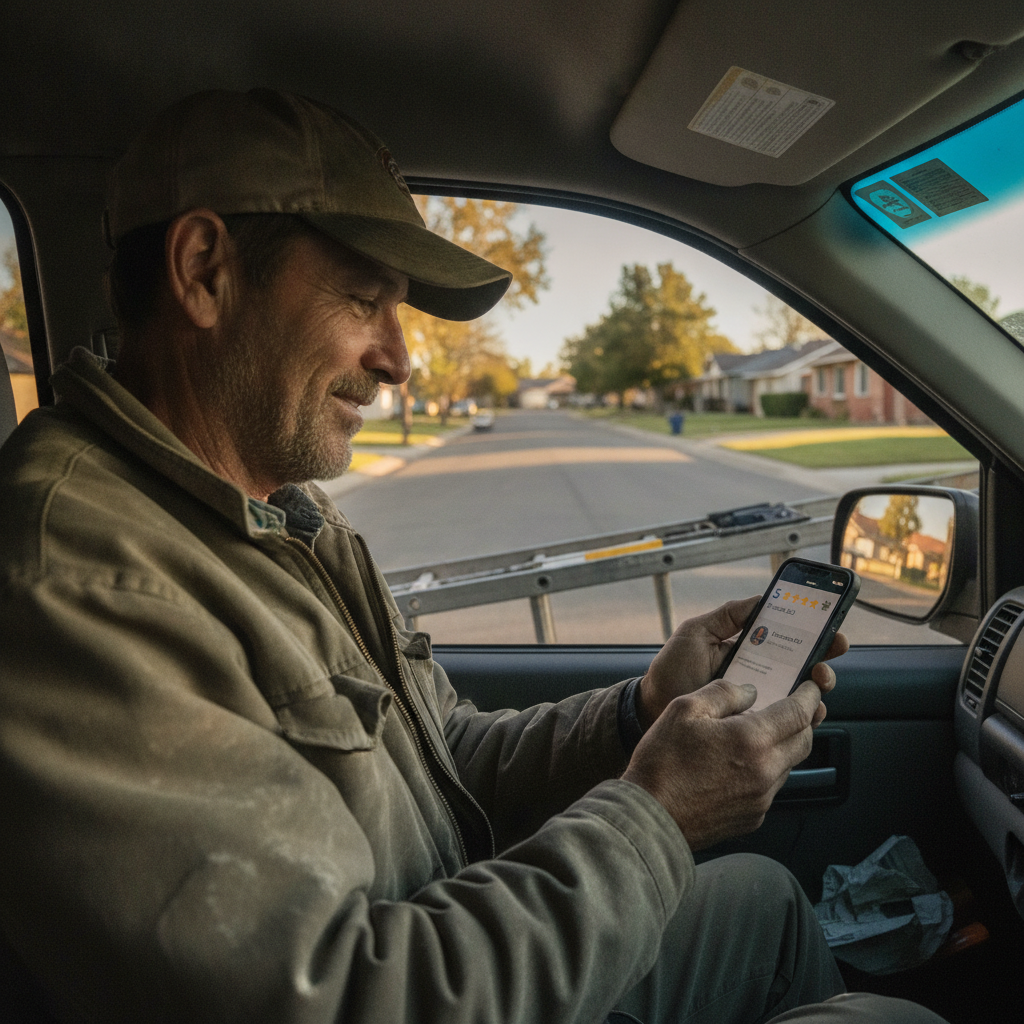 Roofer in truck cab reviewing a five-star Google review on phone, suburban neighborhood visible through windshield, golden light.
