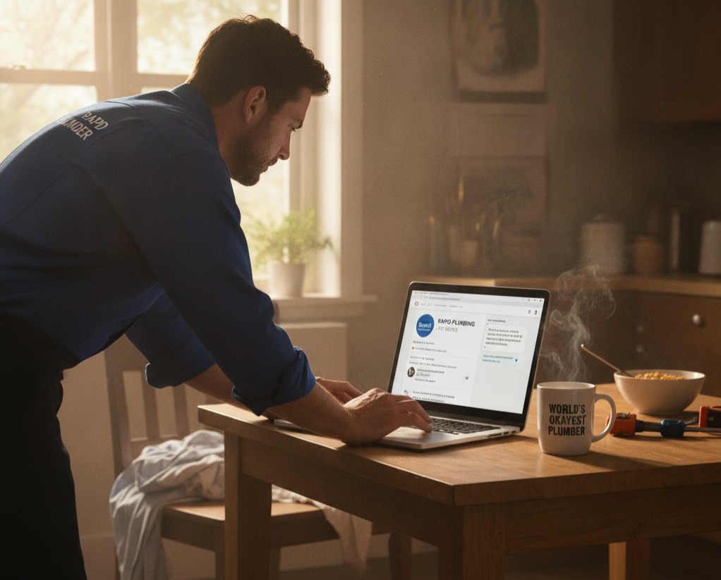 Plumber in blue shirt reviews his business profile on a laptop at a kitchen table in warm morning light.