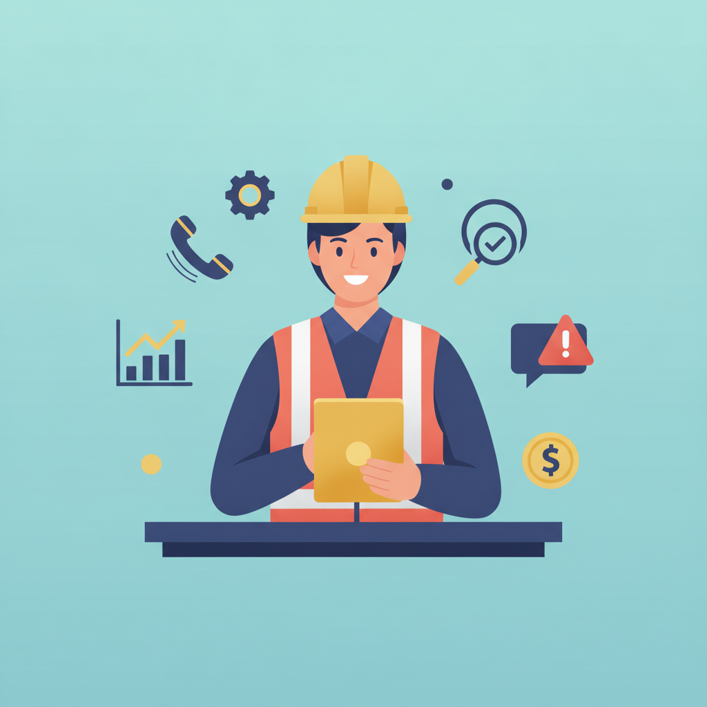 A flat vector illustration of a confident contractor at a desk with a tablet, surrounded by orbiting icons.