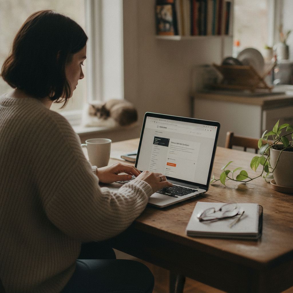 A small business owner typing on a laptop at a kitchen table, working on content in a cozy home office setting.