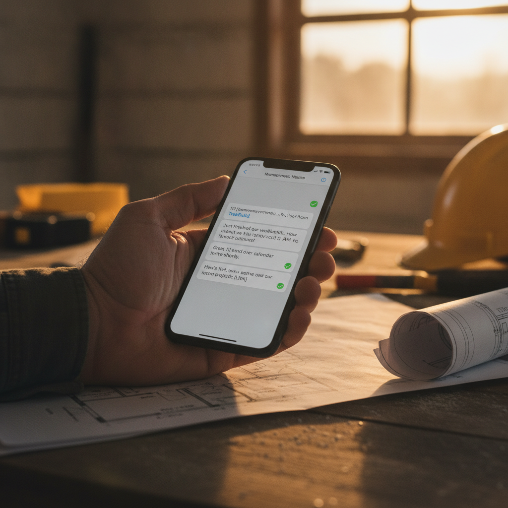 A contractor's phone displays an automated SMS sequence confirming message delivery, held over blueprints at dusk.
