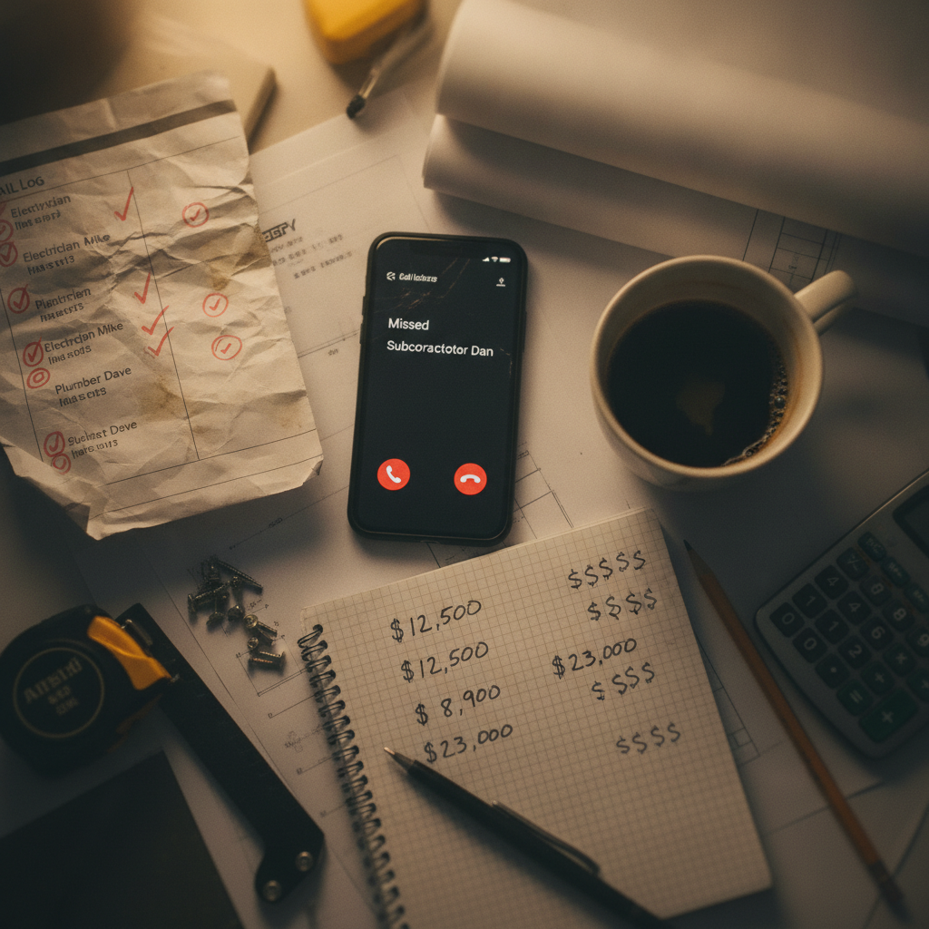 An overhead shot of a messy contractor's desk with a smartphone, coffee, call log, and notepad with dollar figures.