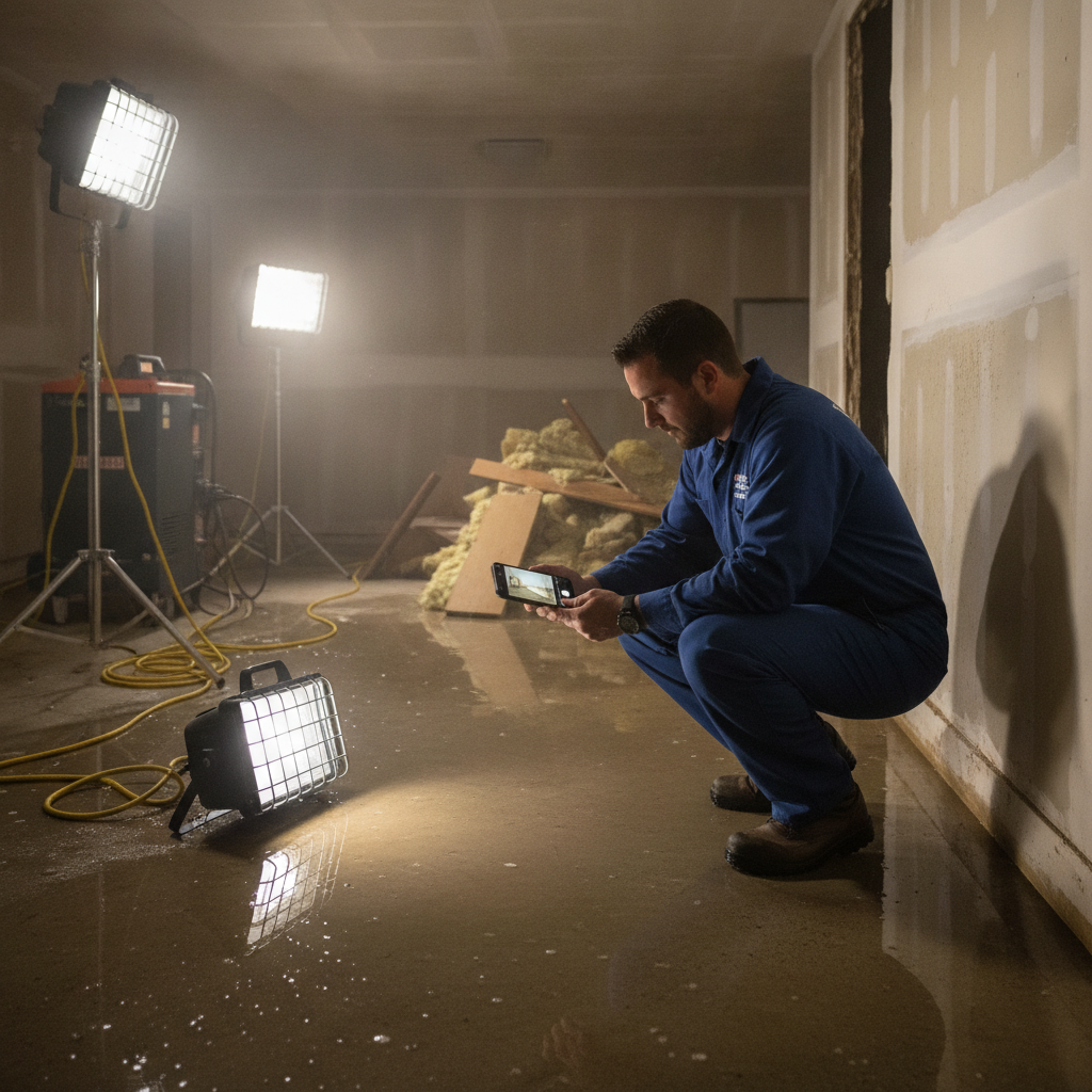 Restoration technician photographing water damage in a flooded basement with a smartphone for documentation.