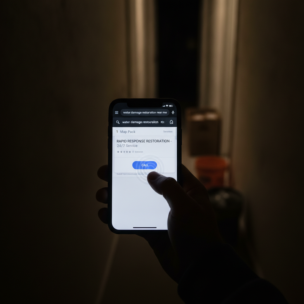 Hand holding a smartphone displaying Google search results for "water damage restoration near me" with a call button tapped.