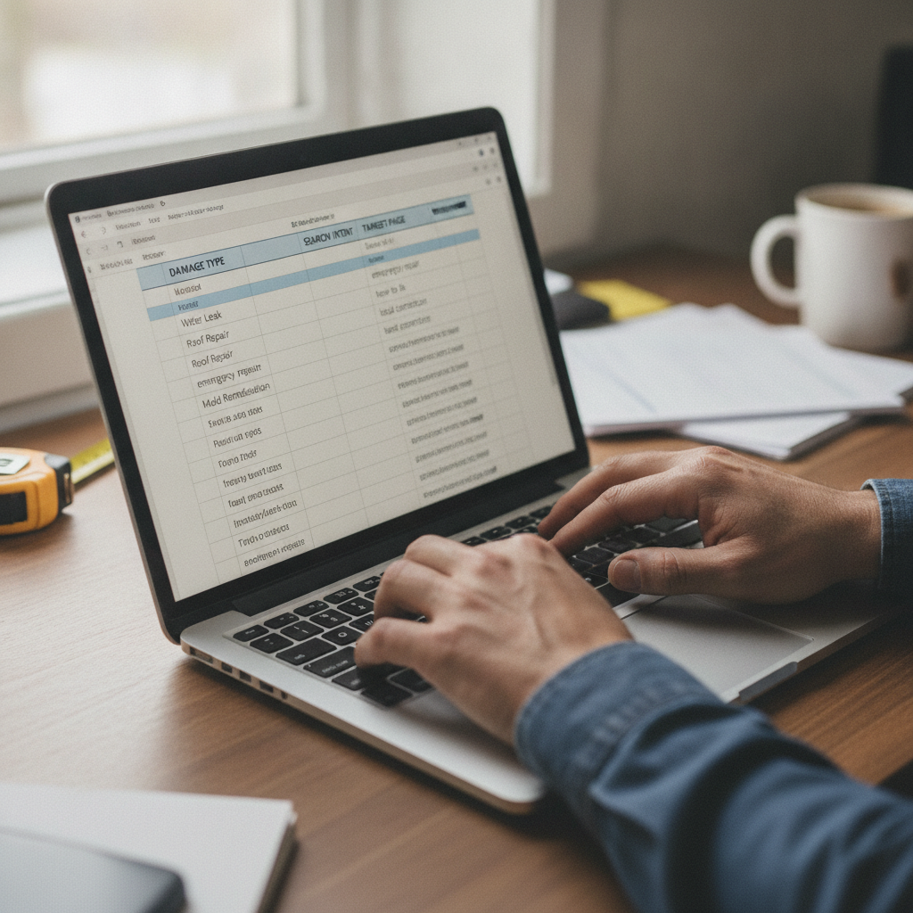 Close-up of contractor's hands typing on a laptop spreadsheet with damage types, search intent, and target pages.