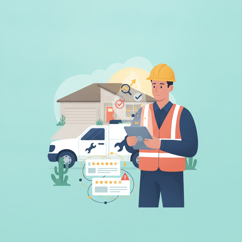 Contractor with tablet, service van at house, GEO optimization icons, customer reviews
