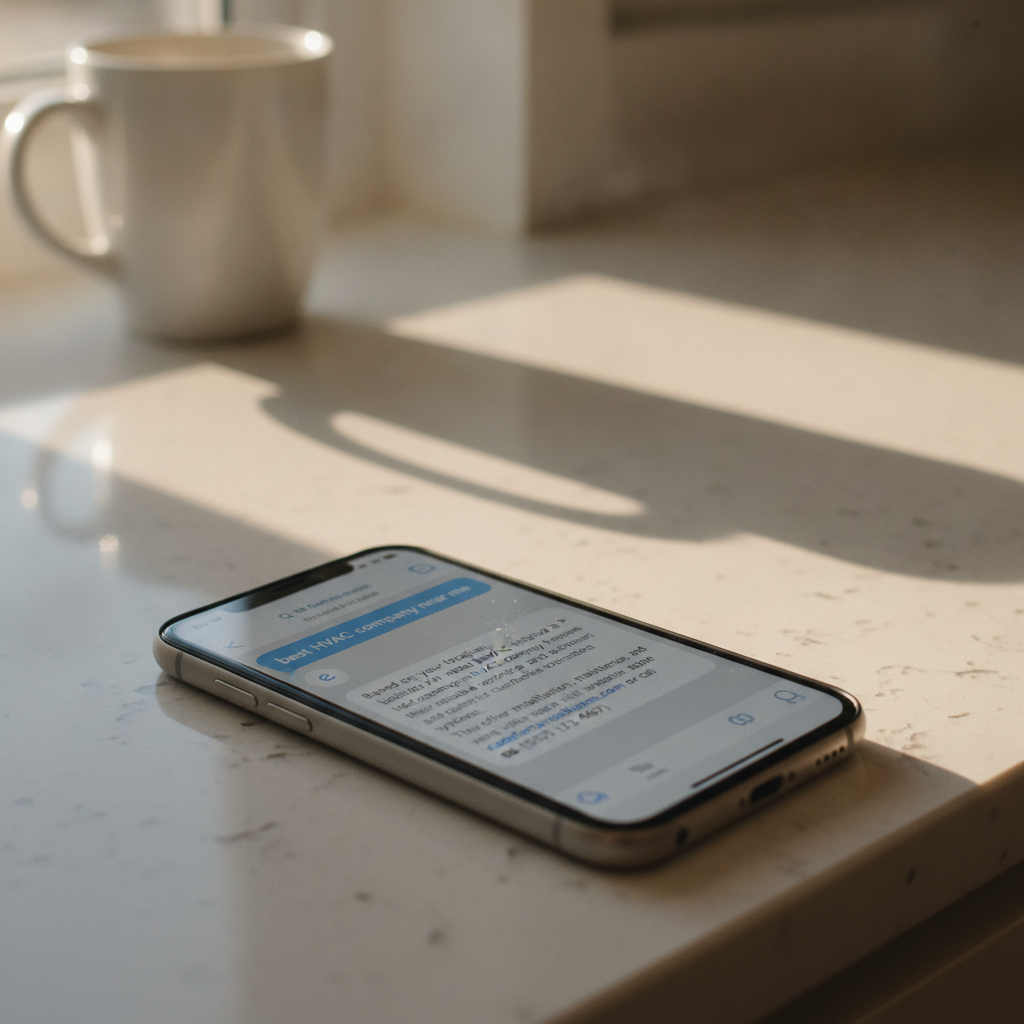 Smartphone displaying a ChatGPT conversation about local HVAC companies on a sunlit kitchen counter.