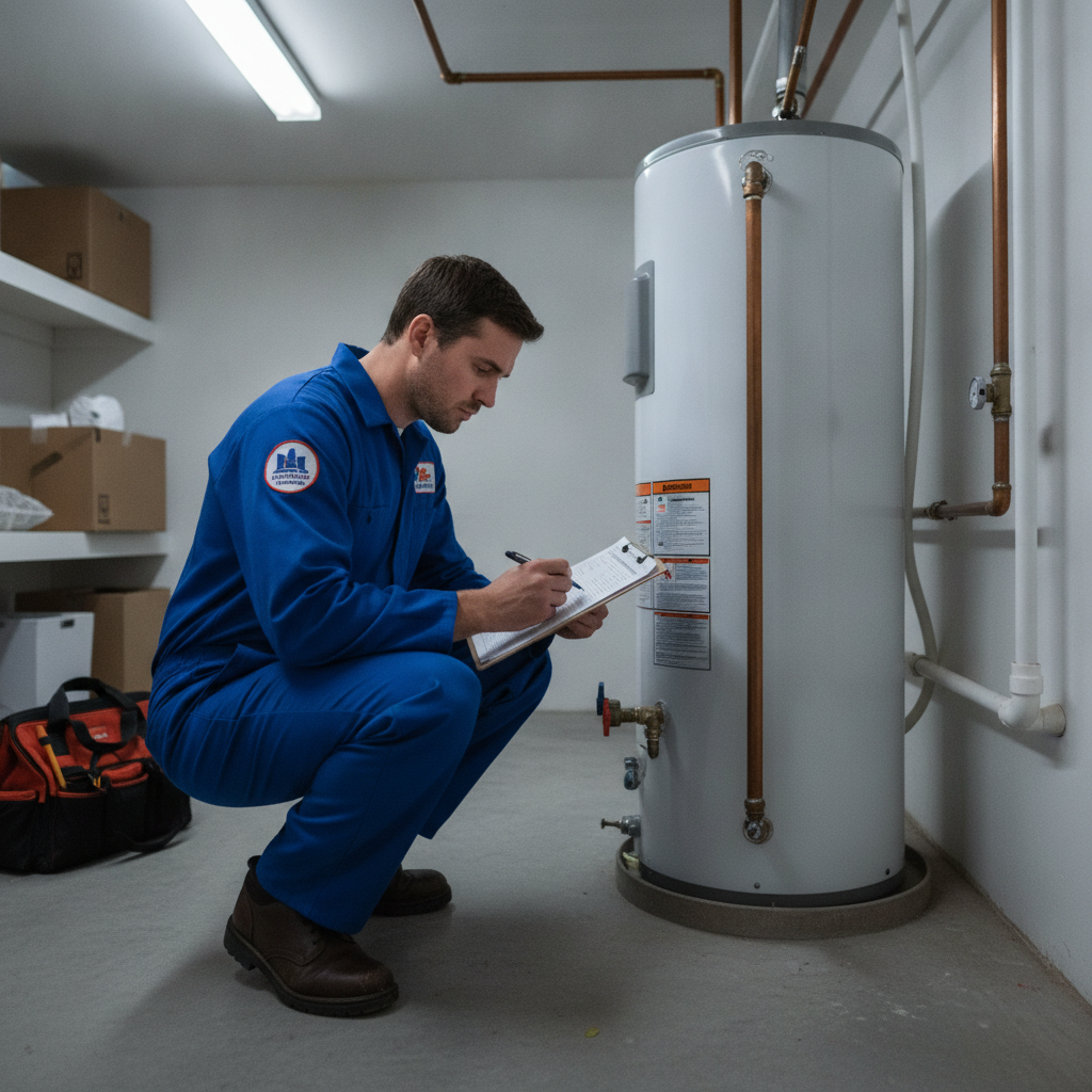 A plumber in a blue uniform crouches beside a water heater, referencing a checklist in a utility room.