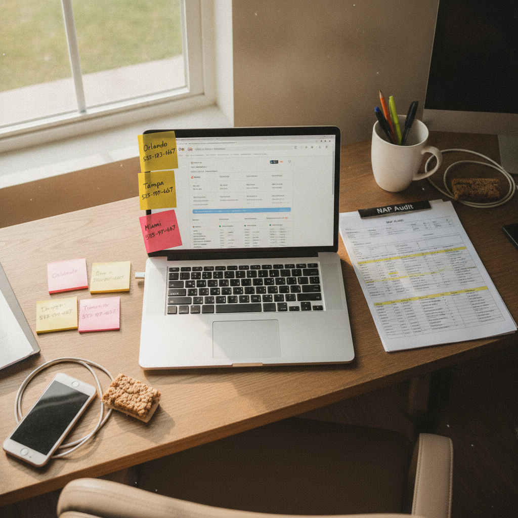 Overhead view of a home-services business owner's desk with a laptop, sticky notes, and NAP audit report.