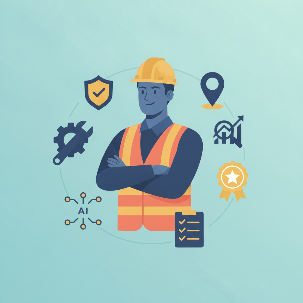 A confident HVAC contractor with crossed arms, surrounded by orbiting icons representing services and quality, in a flat vector style.