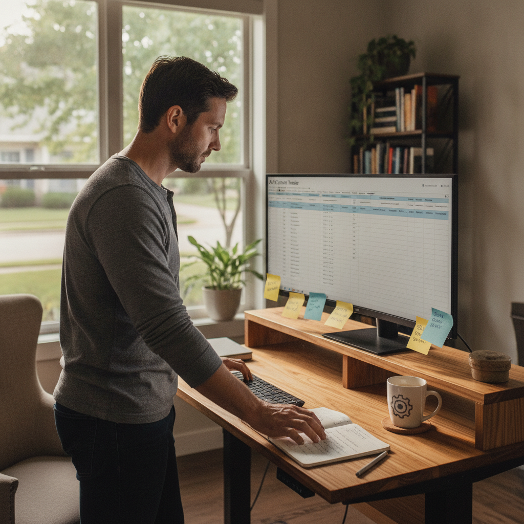 A focused contractor stands at a wooden standing desk, reviewing a spreadsheet on his computer screen in a bright home office.
